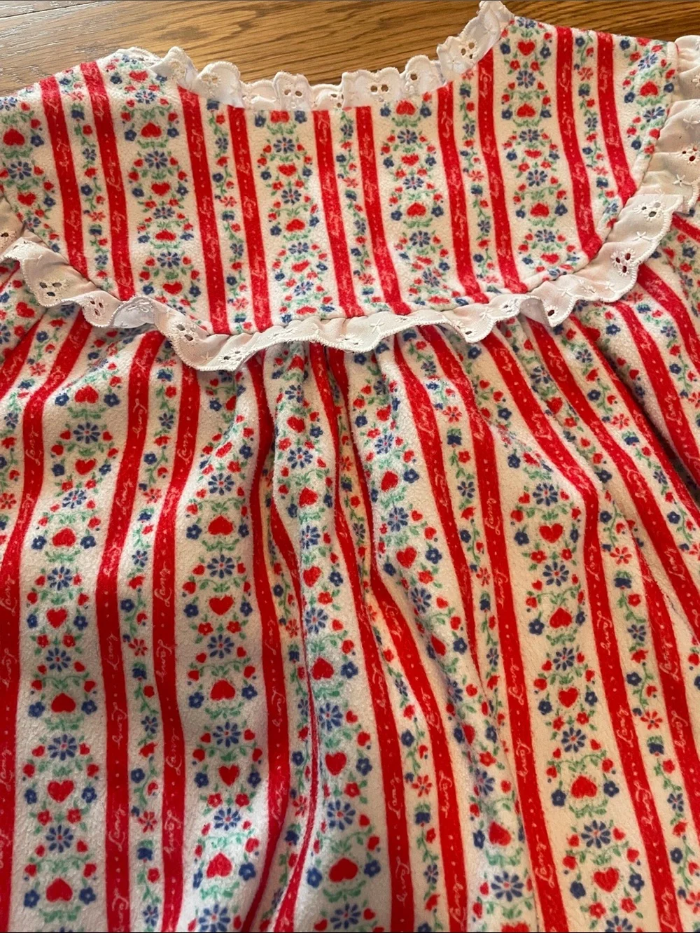 Girls' Red & White Floral Stripe Nightgown with Lace Trim
